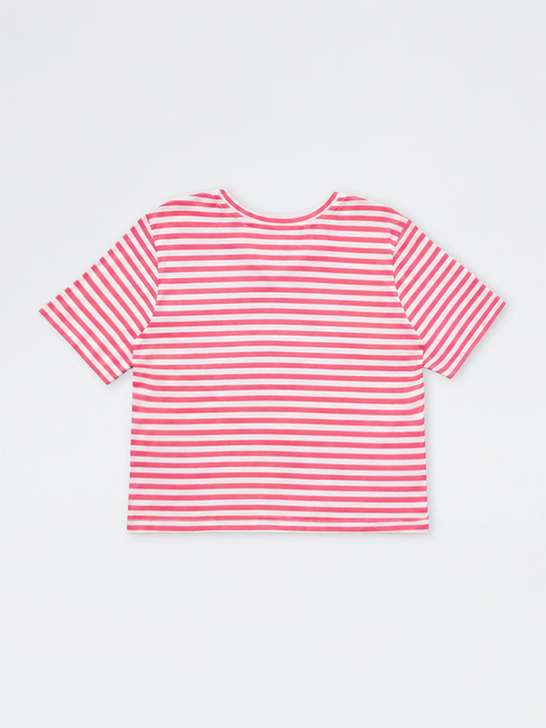 HOP Kids Girls Pink Striped Cotton T-Shirt