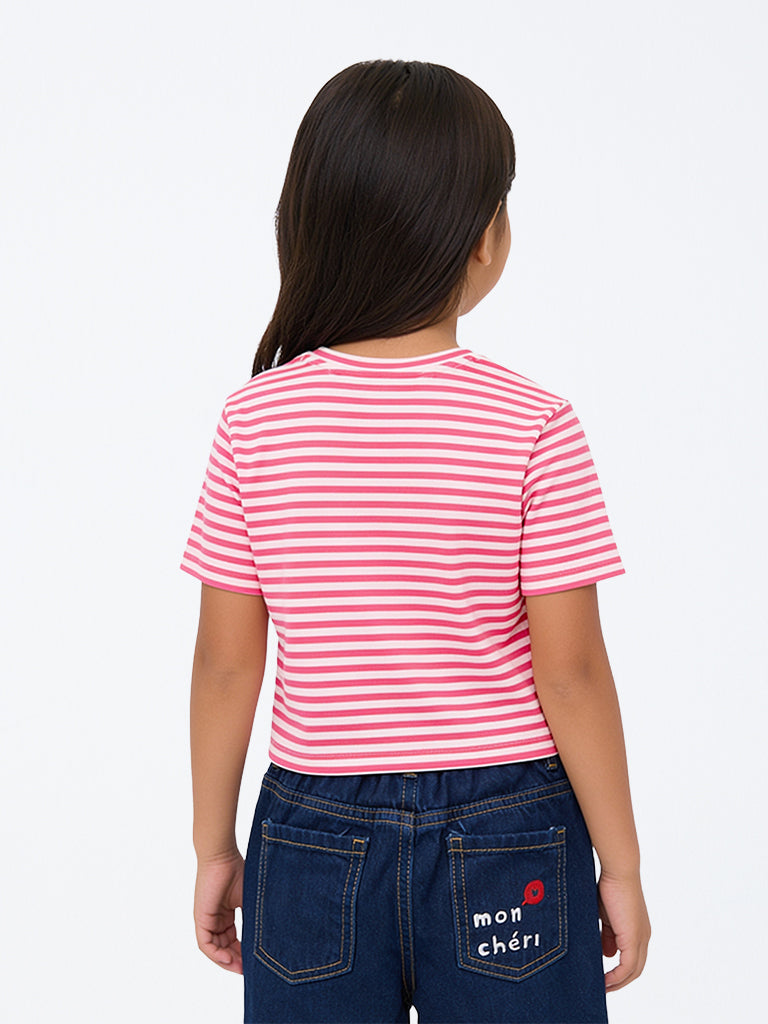 HOP Kids Girls Pink Striped Cotton T-Shirt