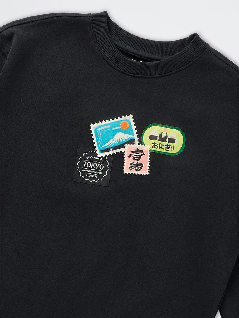Boys Black Patchwork Design Cotton-Blend Sweatshirt