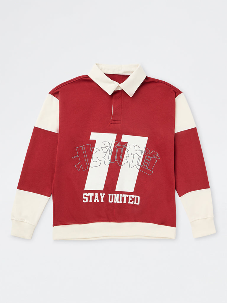 Y&F Kids Boys Red Printed Cotton Sweatshirt