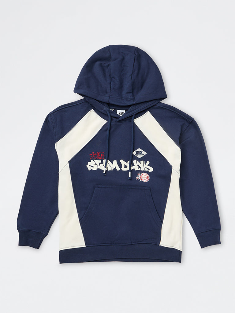 Boys Navy Printed Cotton Hoodie