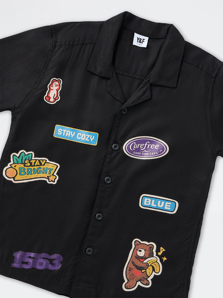 Boys Black Patchwork-Detail Shirt