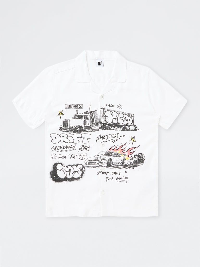 Boys White Graphic Printed Shirt