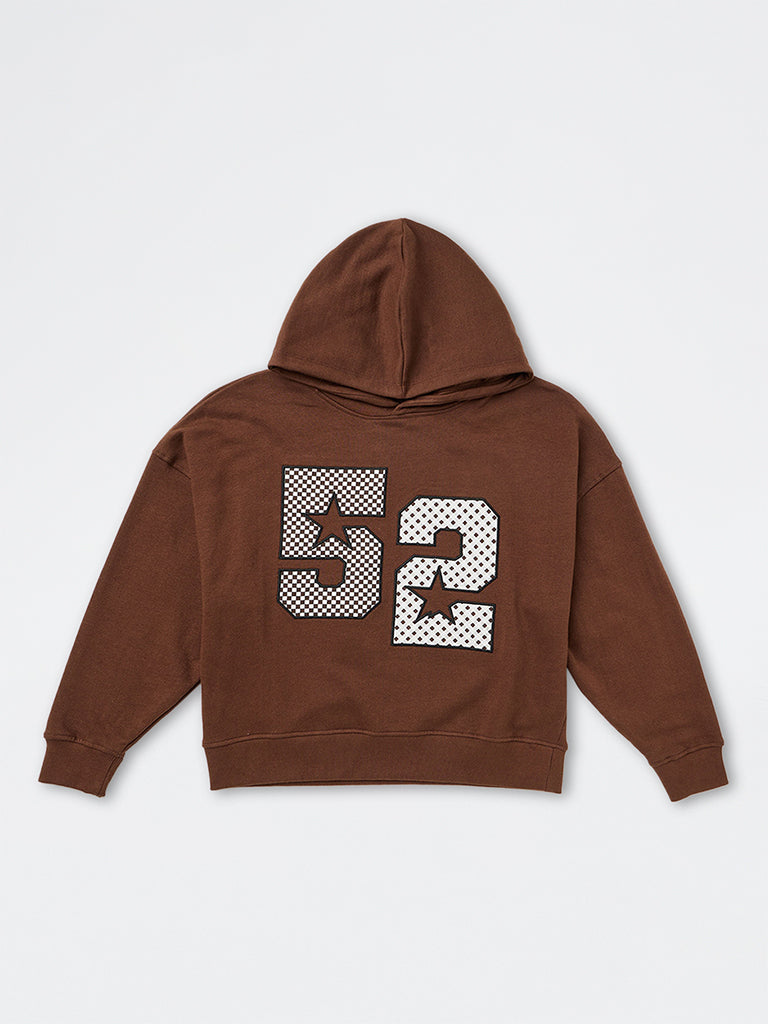 Girls Brown Numerical Design Cotton Hooded Sweatshirt