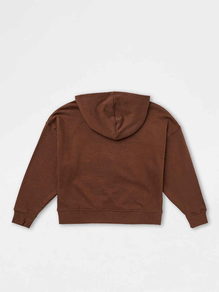 Girls Brown Numerical Design Cotton Hooded Sweatshirt