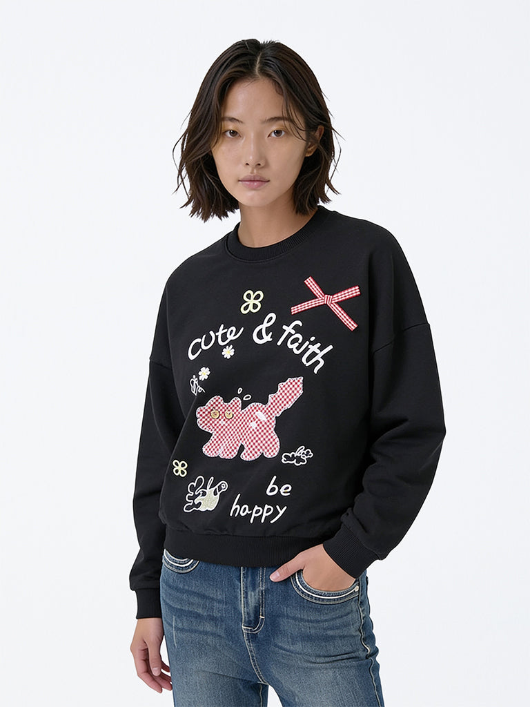 Girls Black Graphic Printed Cotton Sweatshirt
