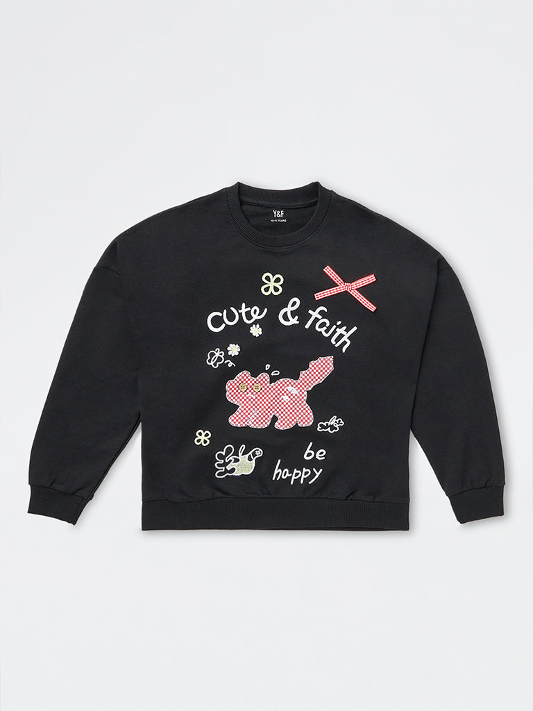 Girls Black Graphic Printed Cotton Sweatshirt