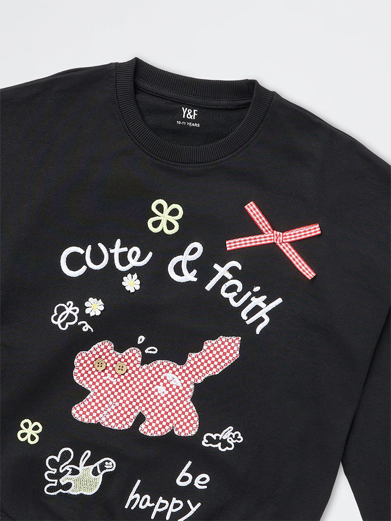 Girls Black Graphic Printed Cotton Sweatshirt