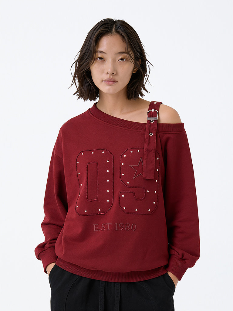 Girls Burgundy Numerical Design One-Shoulder Cotton Sweatshirt