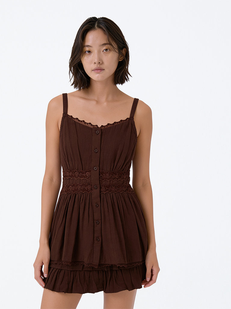 Girls Dark Brown Lace Detail Peplum Cotton Top