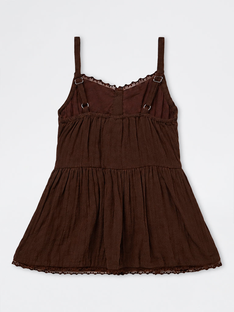 Girls Dark Brown Lace Detail Peplum Cotton Top