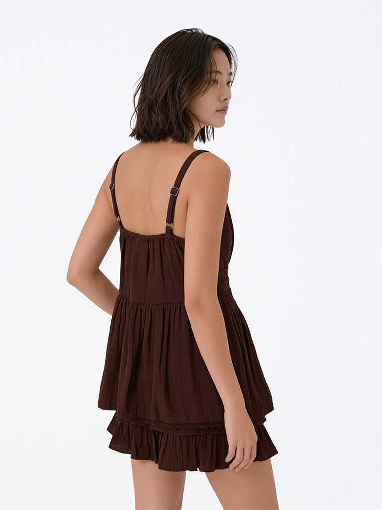 Girls Dark Brown Lace Detail Peplum Cotton Top