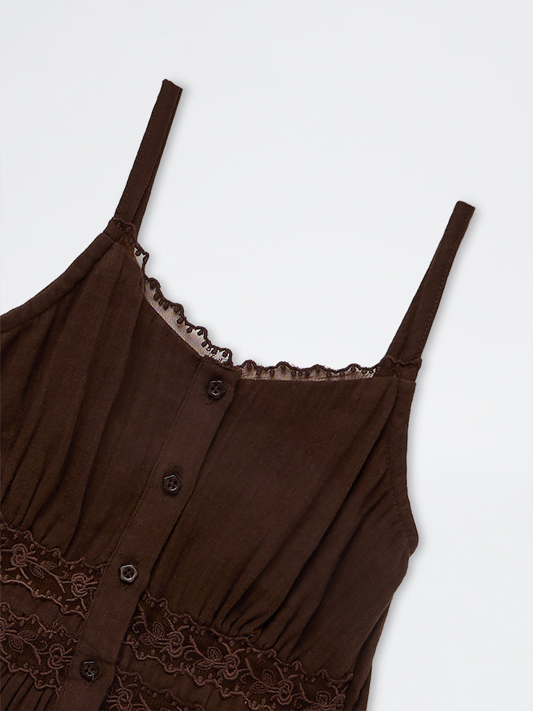 Girls Dark Brown Lace Detail Peplum Cotton Top