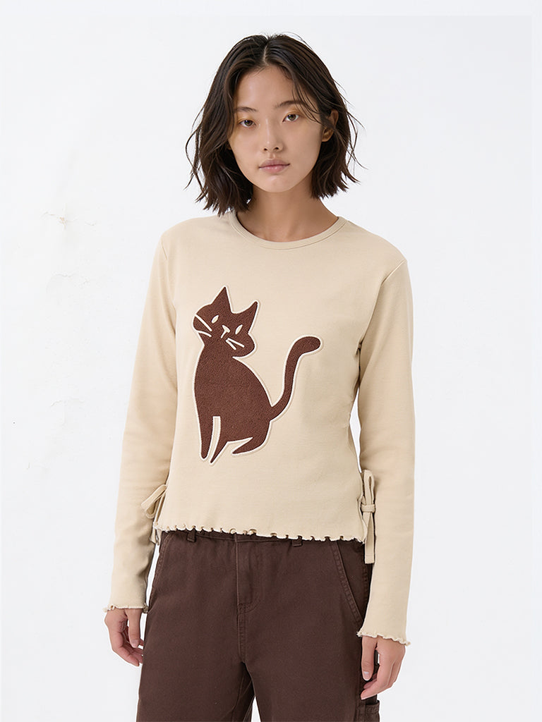 Girls Light Beige Cat Embroidered Cotton-Blend Top