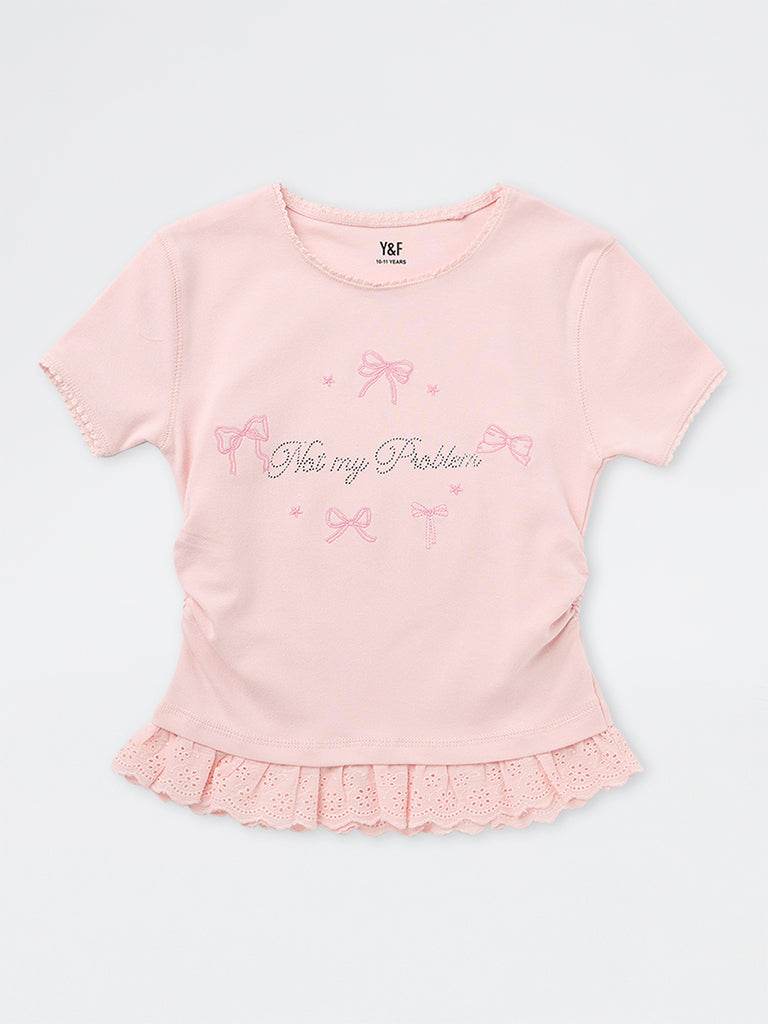 Girls Light Pink Text Embellished Cotton-Blend Top