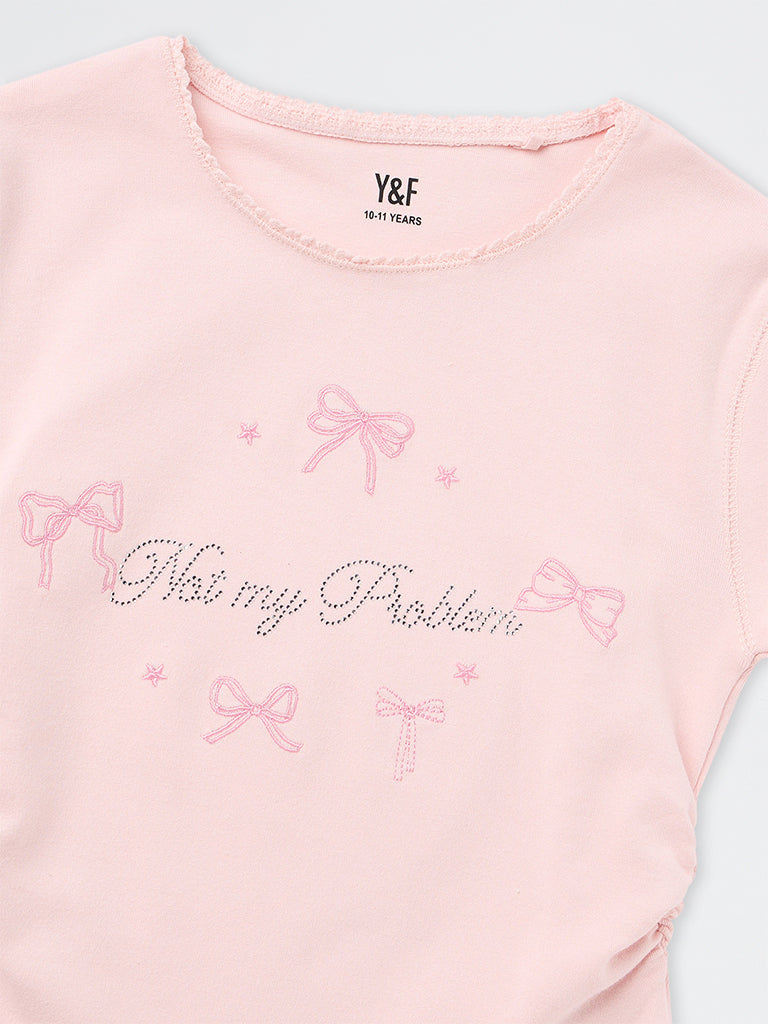 Girls Light Pink Text Embellished Cotton-Blend Top