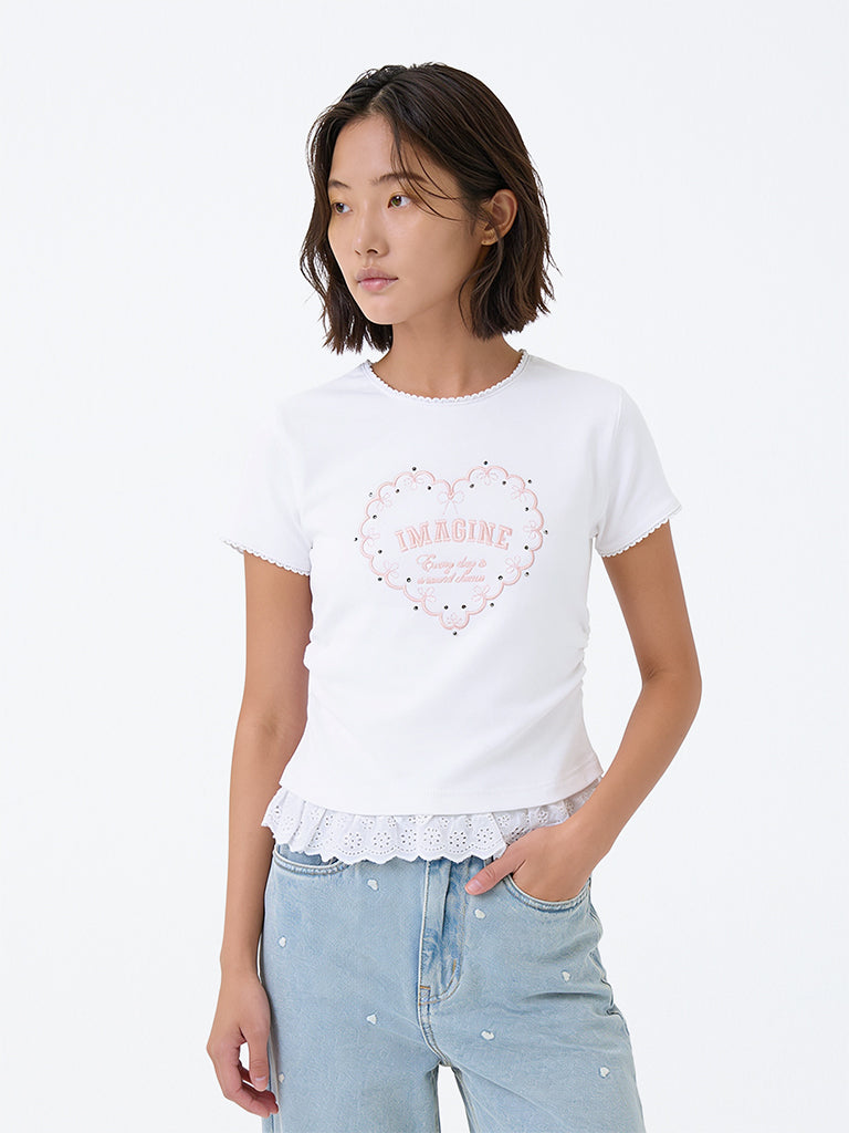 Girls White Text Embroidered Cotton-Blend Top