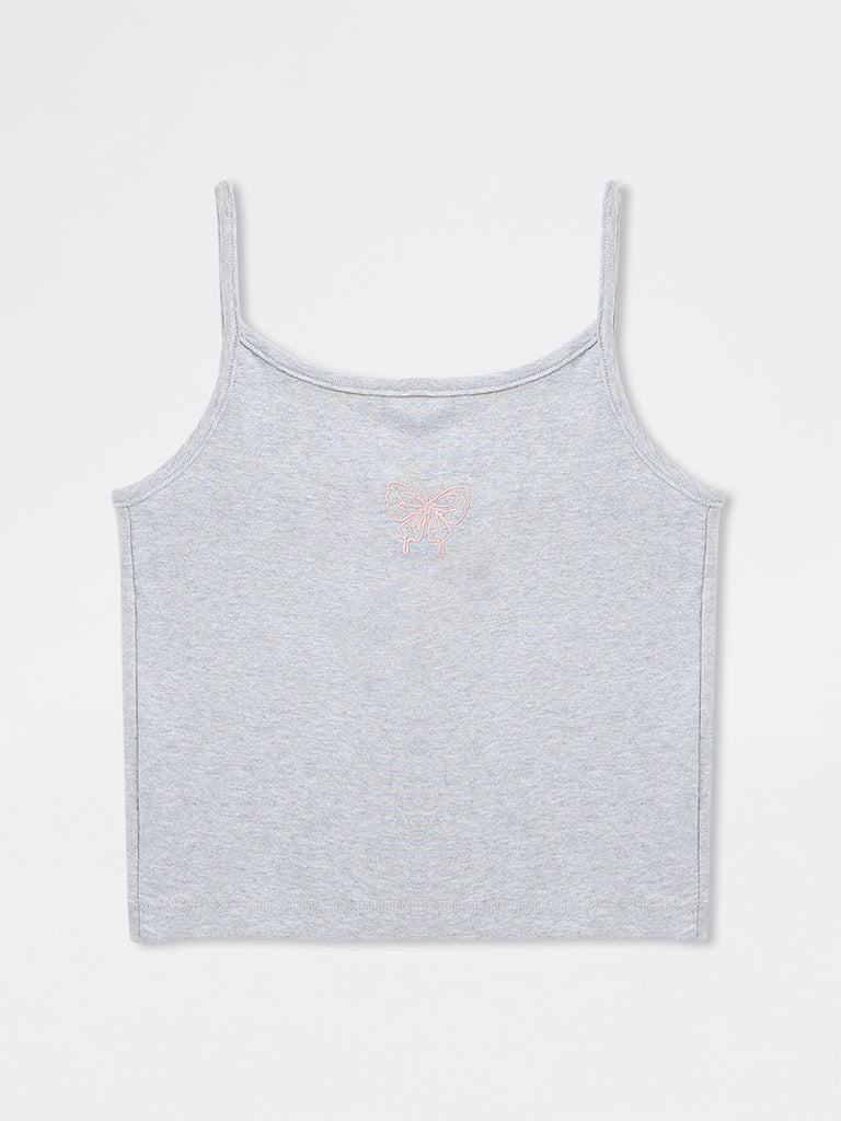 Girls Grey Butterfly Embroidered Cotton-Blend Top