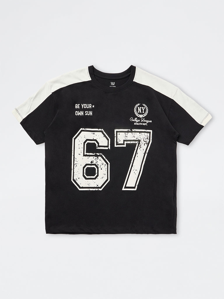 Girls Black Numerical Printed Cotton T-Shirt