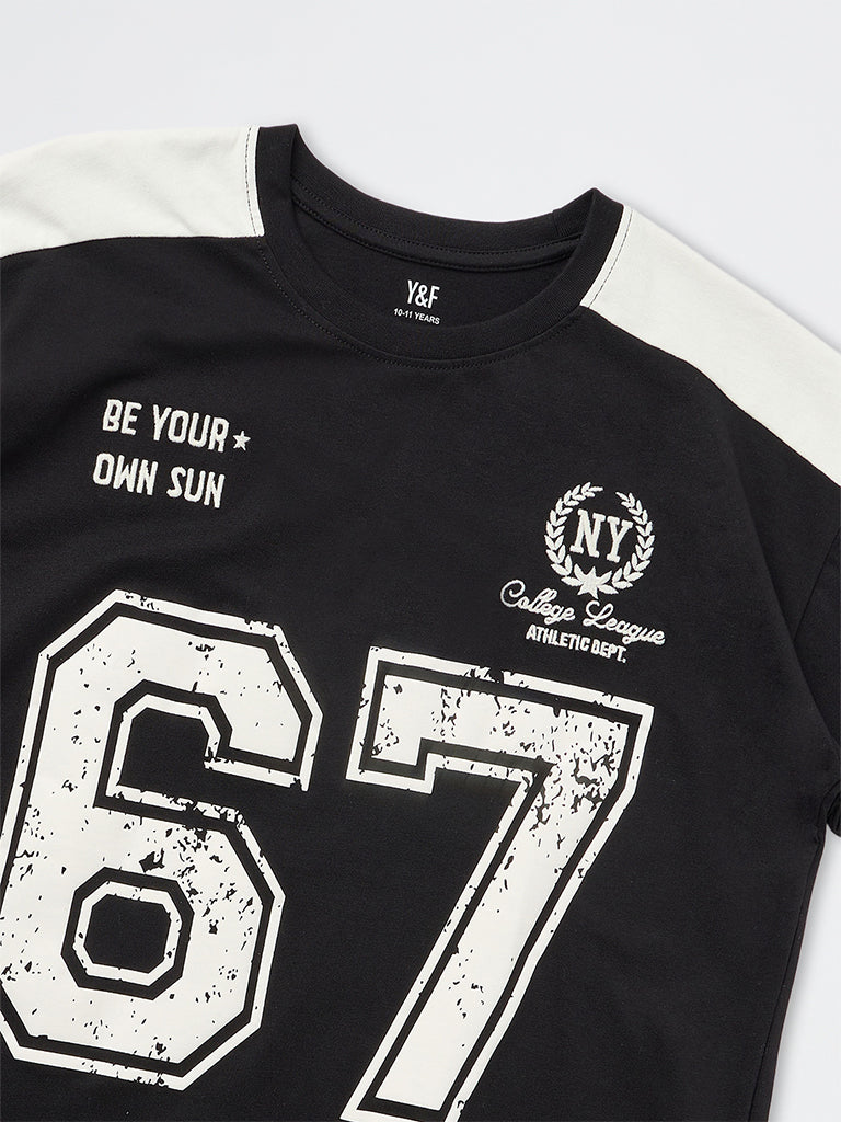 Girls Black Numerical Printed Cotton T-Shirt