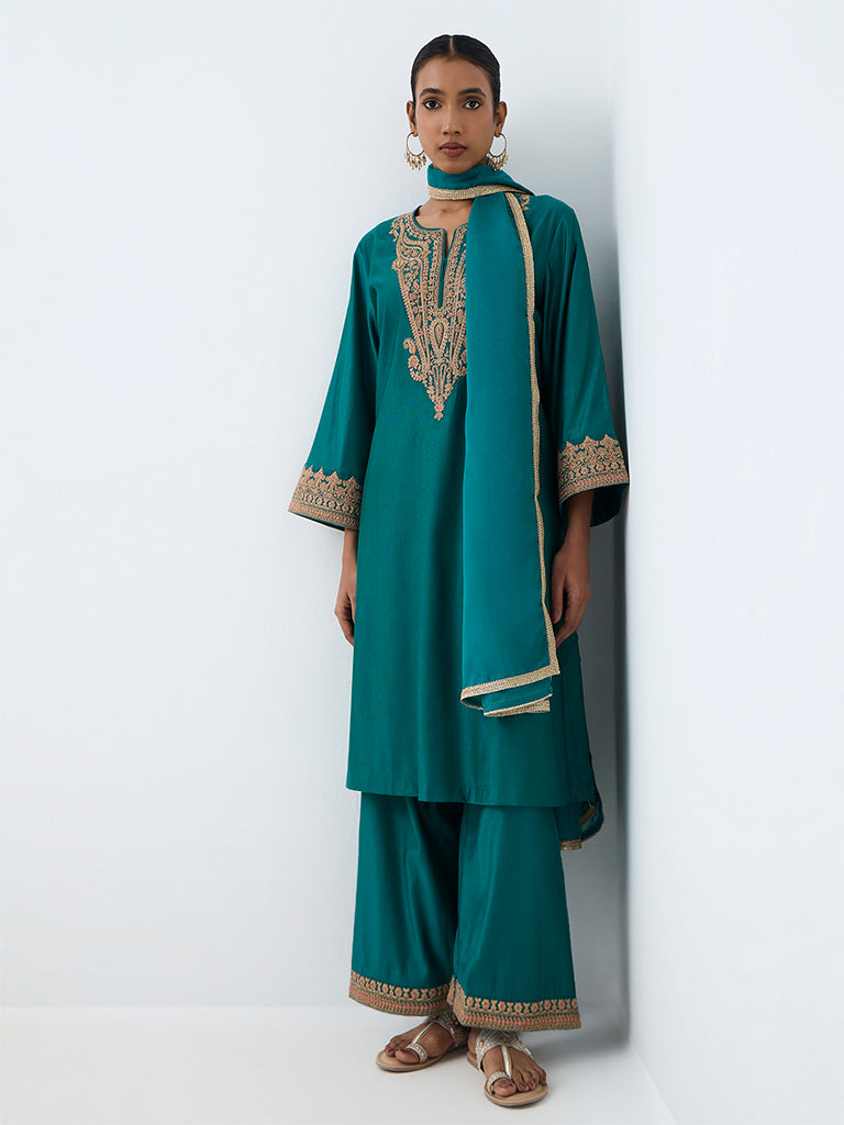 Vark Teal Paisley Embroidered Straight Ethnic Set