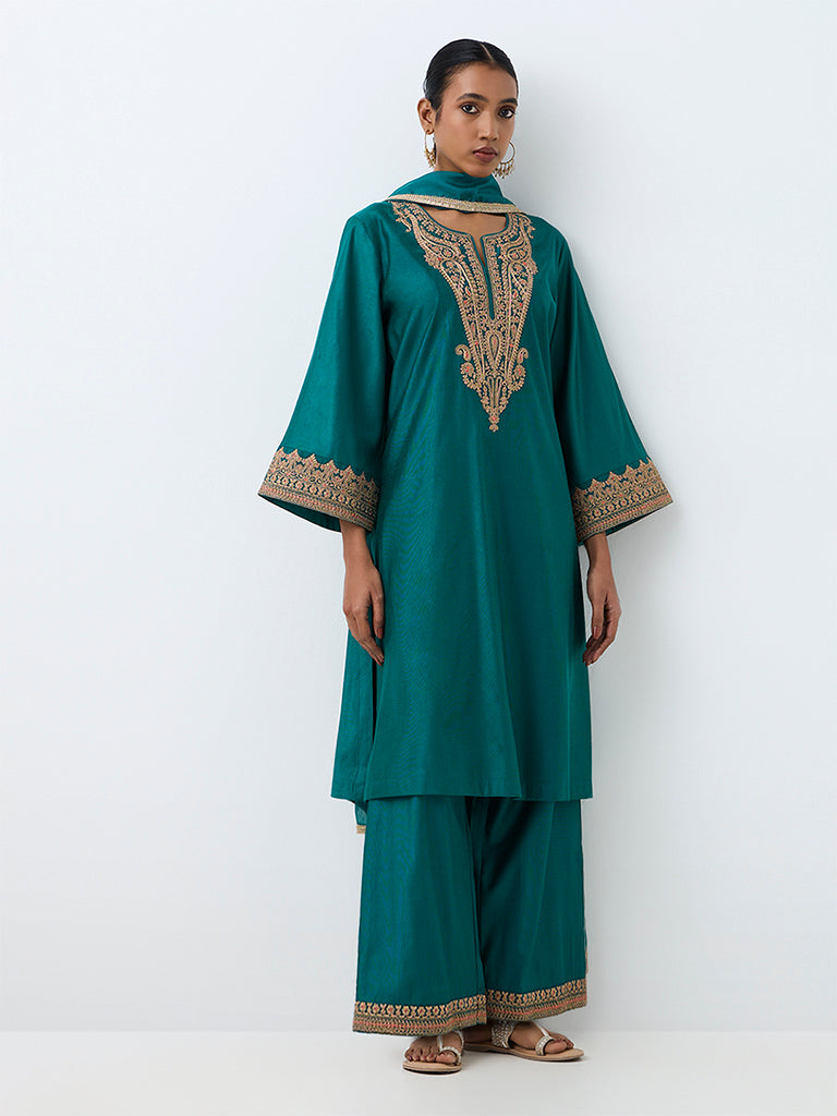 Vark Teal Paisley Embroidered Straight Ethnic Set