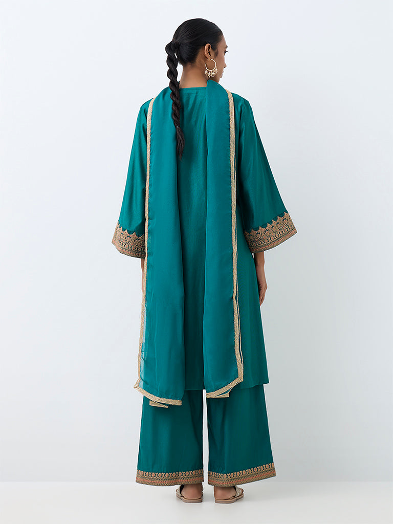 Vark Teal Paisley Embroidered Straight Ethnic Set
