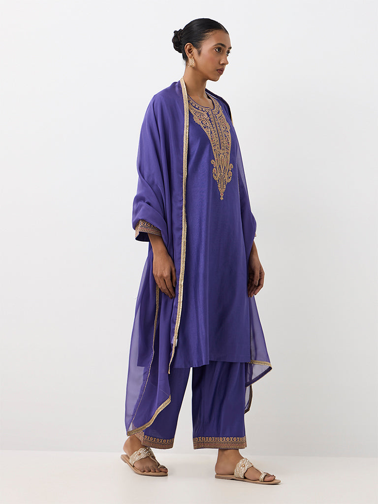 Vark Purple Paisley Embroidered A-Line Ethnic Set