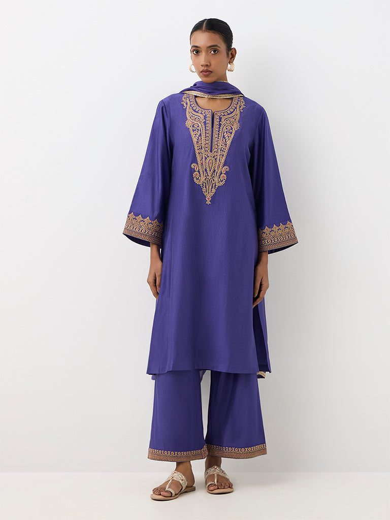 Vark Purple Paisley Embroidered A-Line Ethnic Set