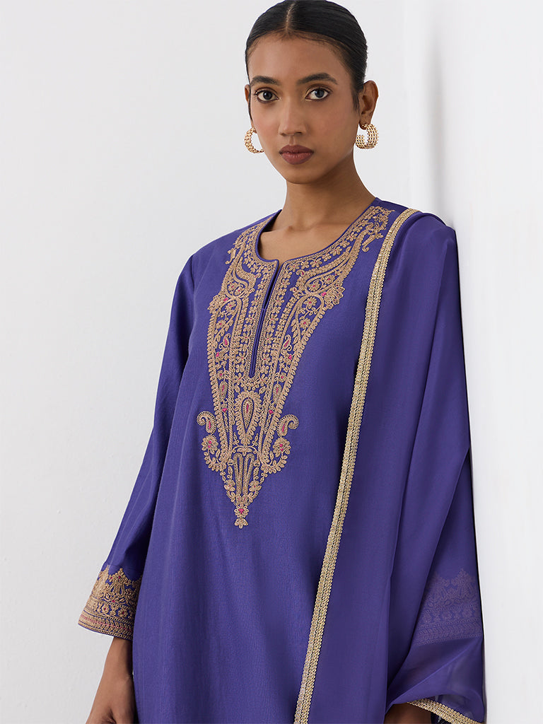 Vark Purple Paisley Embroidered A-Line Ethnic Set