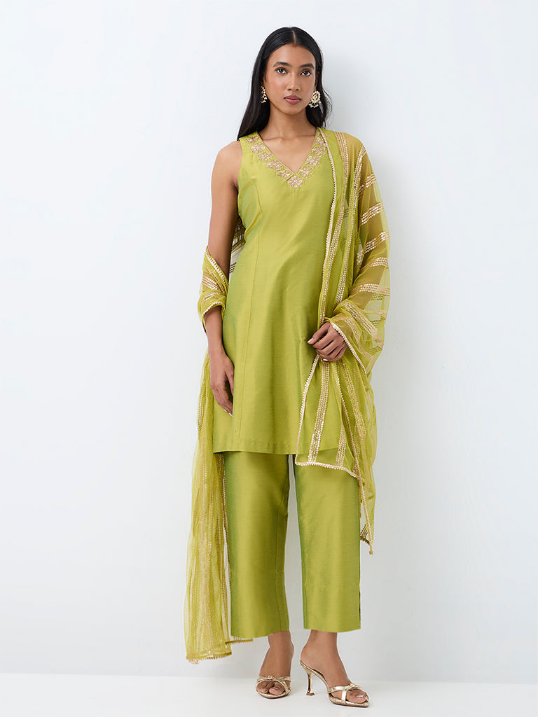 Vark Lime Floral Embroidered A-Line Ethnic Set