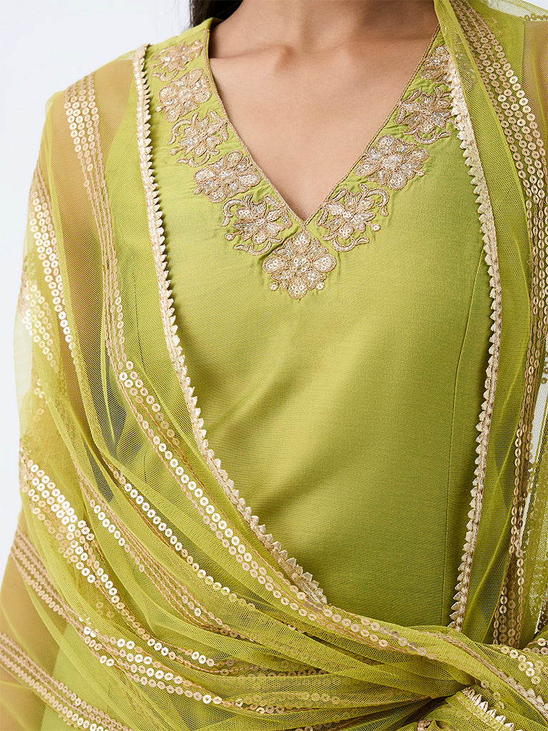 Vark Lime Floral Embroidered A-Line Ethnic Set