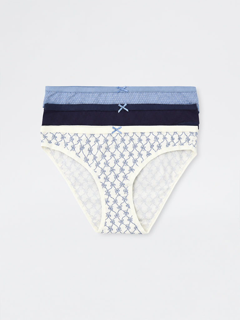 Wunderlove Blue Polka Dot Printed Cotton-Blend Bikini Briefs - Pack of 3