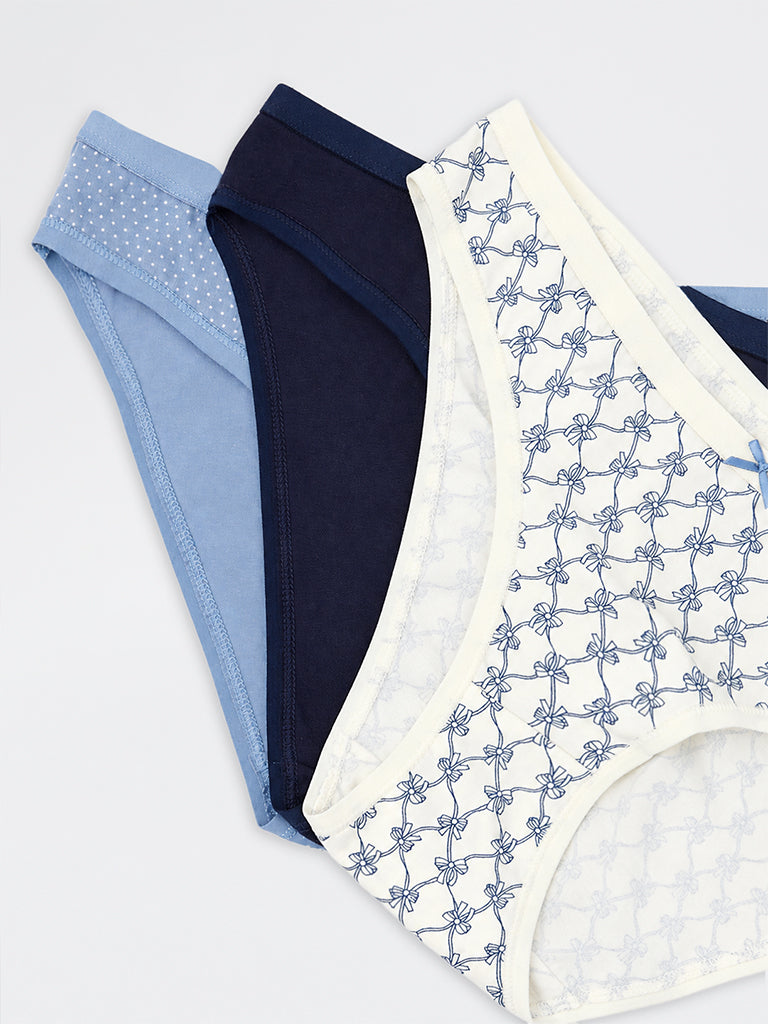 Wunderlove Blue Polka Dot Printed Cotton-Blend Bikini Briefs - Pack of 3