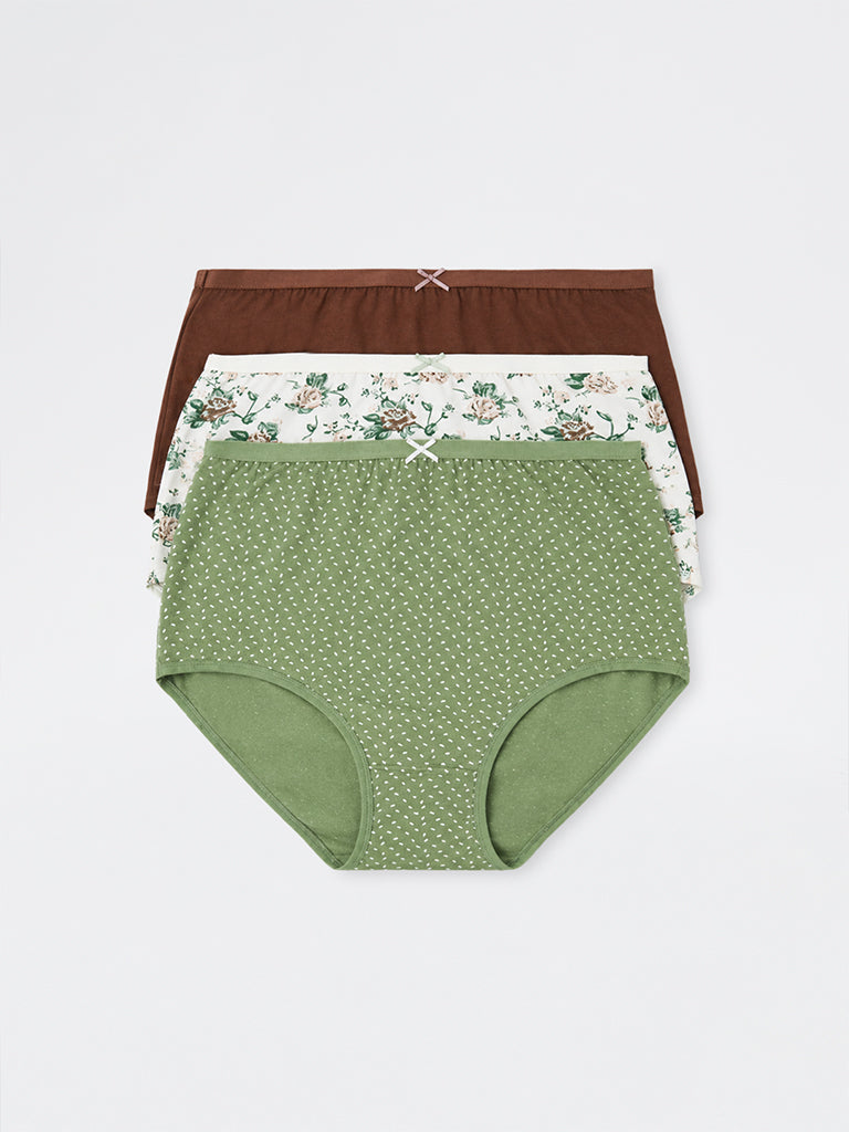 Wunderlove Off-White Floral Printed Cotton-Blend Full Briefs - Pack of 3
