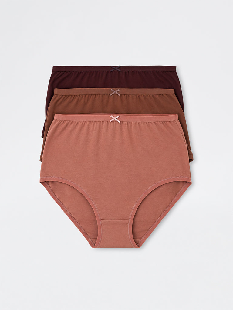 Wunderlove Dark Brown Solid Cotton-Blend Full Briefs - Pack of 3
