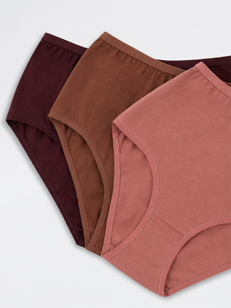 Wunderlove Dark Brown Solid Cotton-Blend Full Briefs - Pack of 3