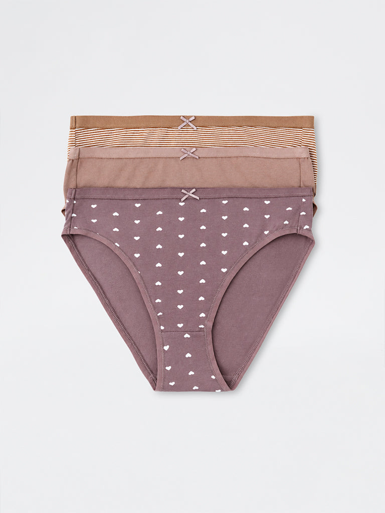 Wunderlove Dark Beige Striped Cotton-Blend Hi-Leg Briefs - Pack of 3