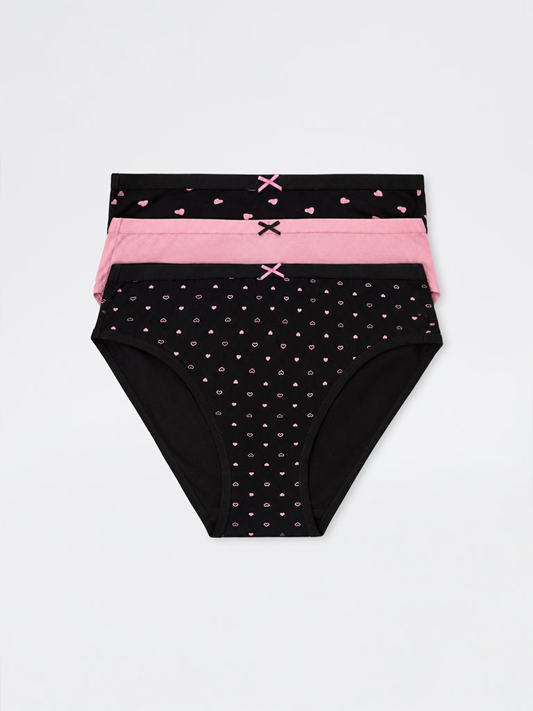 Wunderlove Black Heart Printed Cotton-Blend Hi-Leg Briefs - Pack of 3