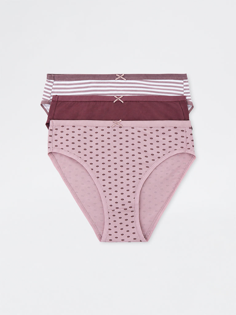 Wunderlove Dark Mauve Striped Cotton-Blend Hi-Leg Briefs - Pack of 3