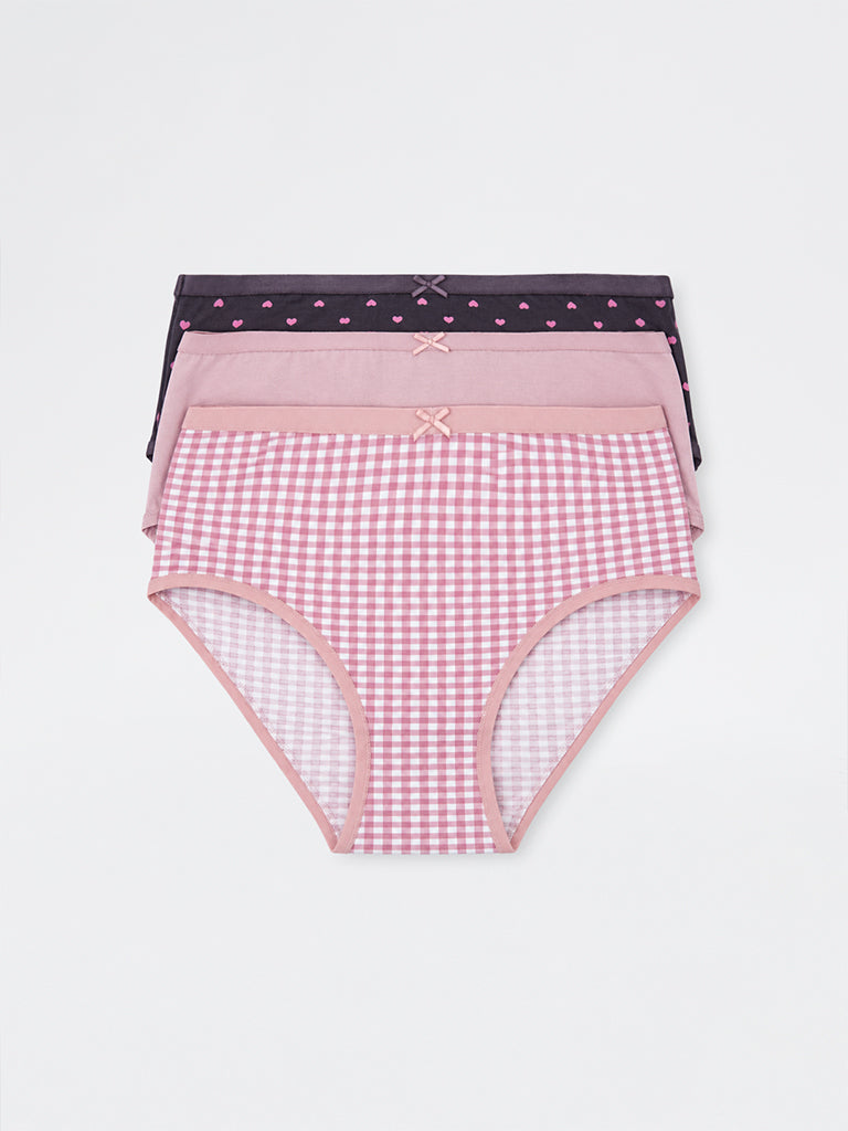 Wunderlove Light Mauve Checkered Cotton-Blend High-Rise Briefs - Pack of 3