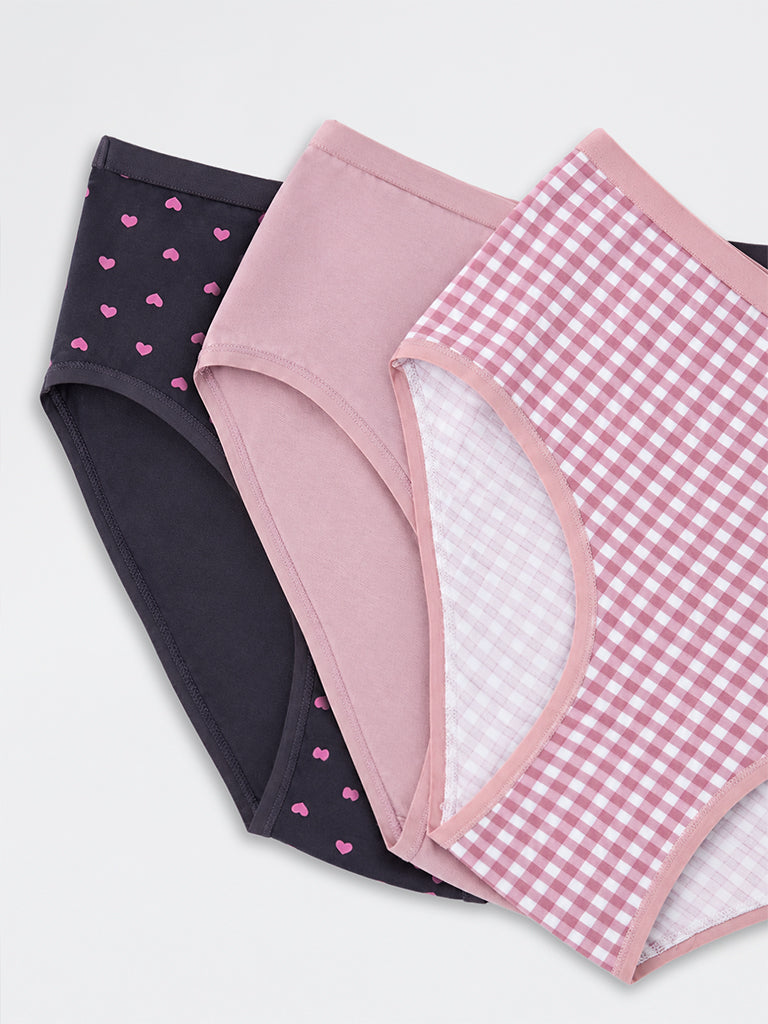 Wunderlove Light Mauve Checkered Cotton-Blend High-Rise Briefs - Pack of 3