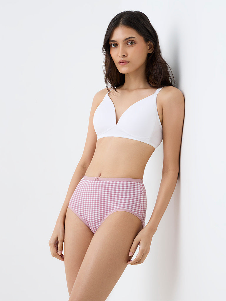 Wunderlove Light Mauve Checkered Cotton-Blend High-Rise Briefs - Pack of 3