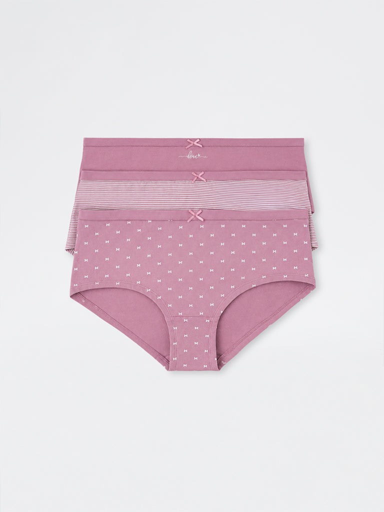 Wunderlove Dusty Pink Striped Cotton-Blend Low-Rise Briefs - Pack of 3