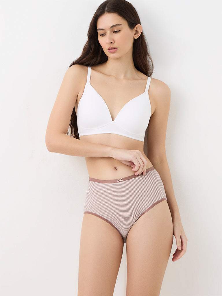 Wunderlove Brown Striped Cotton-Blend High-Rise Briefs - Pack of 3