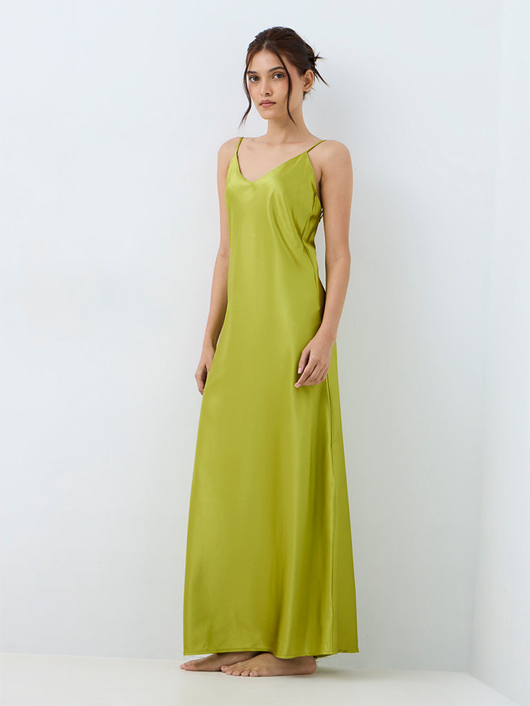 Wunderlove Lime Green Solid Satin Slip Dress