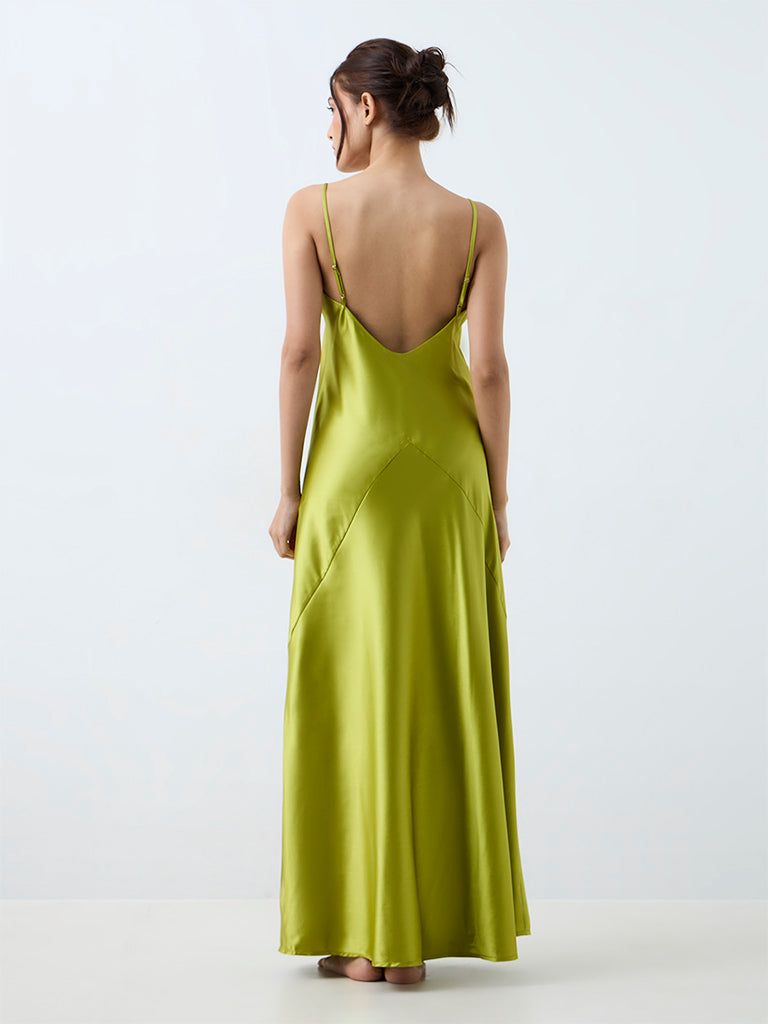 Wunderlove Lime Green Solid Satin Slip Dress