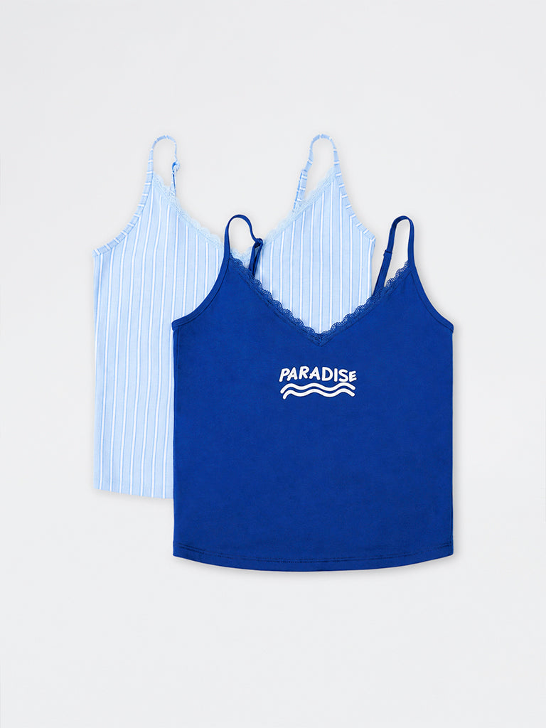 Superstar Blue Text Embossed Cotton-Blend Camisoles - Pack of 2