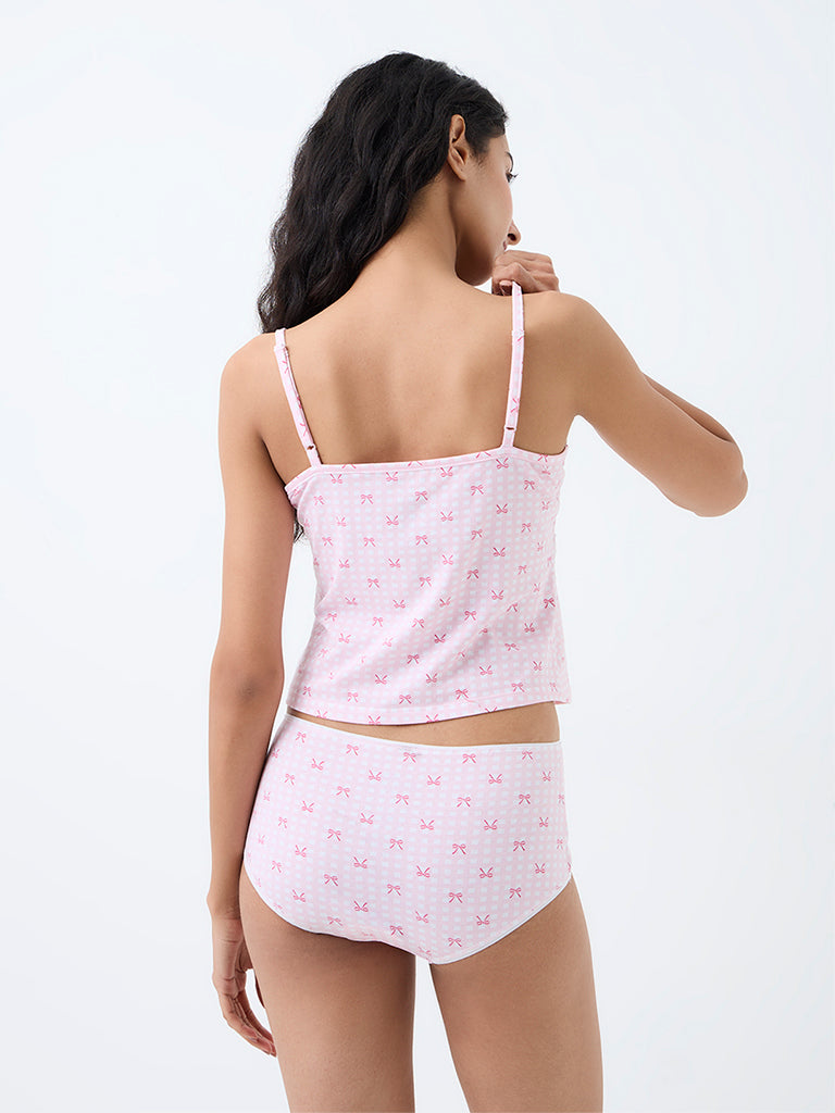 Superstar Light Pink Bow Printed Cotton-Blend Camisole and Brief Set