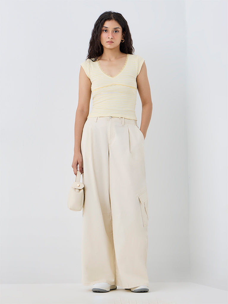 Nuon Light Beige High-Waist Cotton Cargo Pants